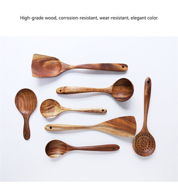 7pcs/set Teak Natural Wood Tableware Spoon Ladle Turner Rice Colander Soup Skimmer Cooking Spoon Scoop Kitchen Reusable Tool Kit