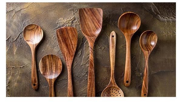 7pcs/set Teak Natural Wood Tableware Spoon Ladle Turner Rice Colander Soup Skimmer Cooking Spoon Scoop Kitchen Reusable Tool Kit