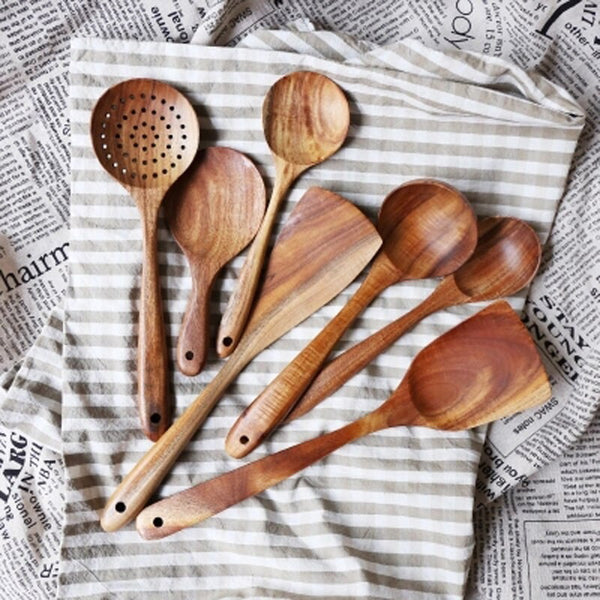 7pcs/set Teak Natural Wood Tableware Spoon Ladle Turner Rice Colander Soup Skimmer Cooking Spoon Scoop Kitchen Reusable Tool Kit