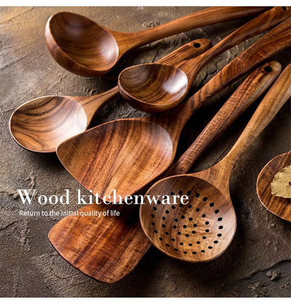 7pcs/set Teak Natural Wood Tableware Spoon Ladle Turner Rice Colander Soup Skimmer Cooking Spoon Scoop Kitchen Reusable Tool Kit