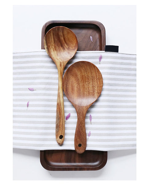 7pcs/set Teak Natural Wood Tableware Spoon Ladle Turner Rice Colander Soup Skimmer Cooking Spoon Scoop Kitchen Reusable Tool Kit