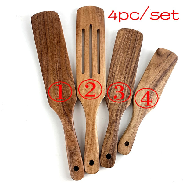 7pcs/set Teak Natural Wood Tableware Spoon Ladle Turner Rice Colander Soup Skimmer Cooking Spoon Scoop Kitchen Reusable Tool Kit