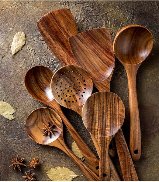 7pcs/set Teak Natural Wood Tableware Spoon Ladle Turner Rice Colander Soup Skimmer Cooking Spoon Scoop Kitchen Reusable Tool Kit