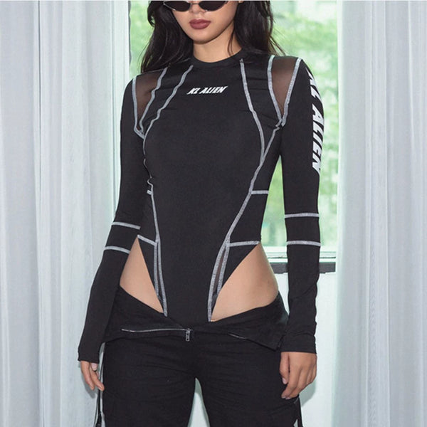 Splicing Long-Sleeved Motorcycle Cycling Clothing Sexy Top Mesh body suit