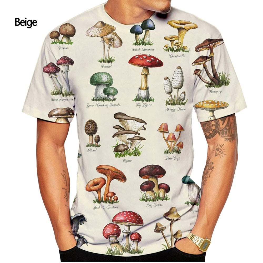 Fashion color-blocking mushroom 3D printing T-shirt men and women summer casual short-sleeved T-shirt top