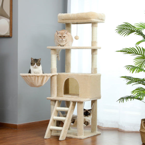 Cat Tree Towel Scratching Sisal Post Multi-Level Pet Climbing Tree with Hammock Bed Cat Ladder Extra Large Perch with Toy Ball