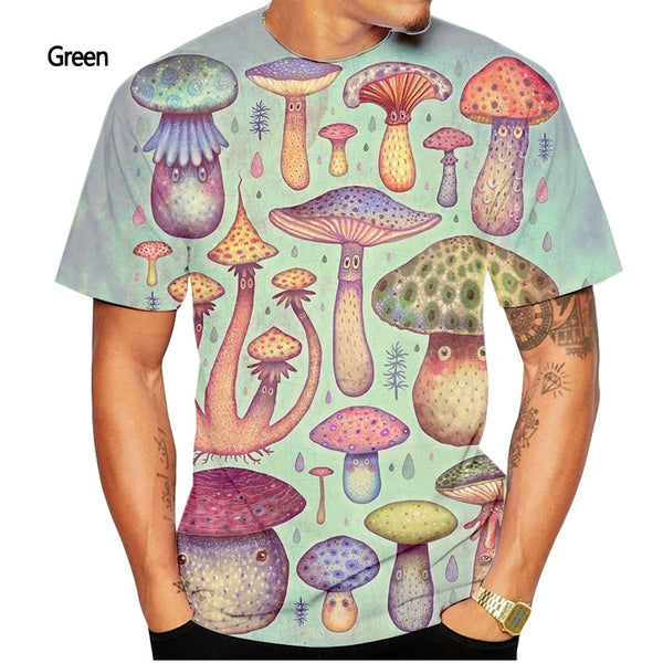 Fashion color-blocking mushroom 3D printing T-shirt men and women summer casual short-sleeved T-shirt top