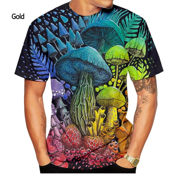 Fashion color-blocking mushroom 3D printing T-shirt men and women summer casual short-sleeved T-shirt top