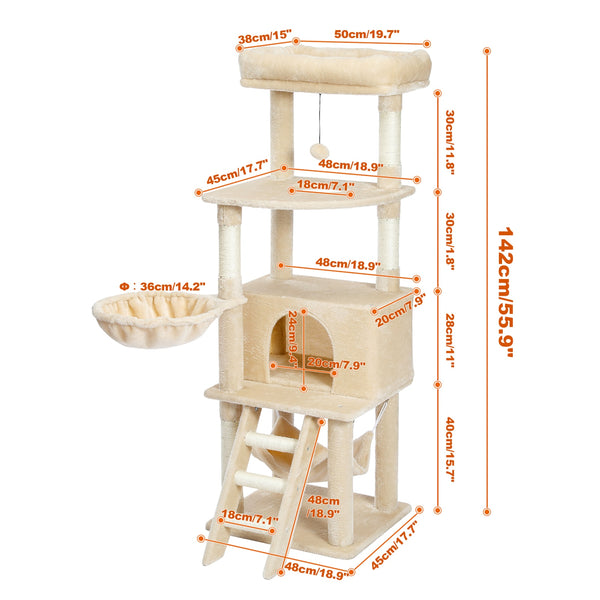 Cat Tree Towel Scratching Sisal Post Multi-Level Pet Climbing Tree with Hammock Bed Cat Ladder Extra Large Perch with Toy Ball