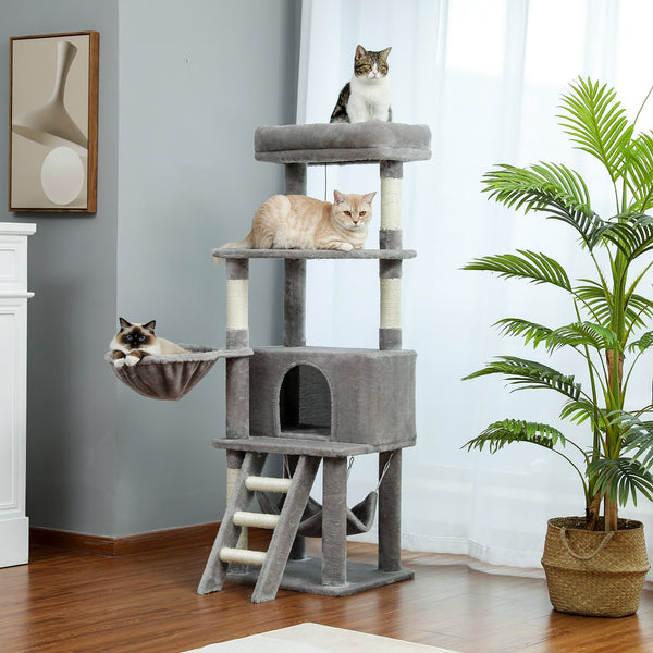 Cat Tree Towel Scratching Sisal Post Multi-Level Pet Climbing Tree with Hammock Bed Cat Ladder Extra Large Perch with Toy Ball