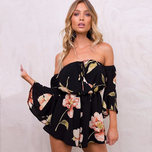 Bohemian Style Playsuit Floral Print Sexy Rompers Short Overalls Top Macacao Feminino Women Clothes Casual Summer Beach Jumpsuit - UTouchUBuyNow