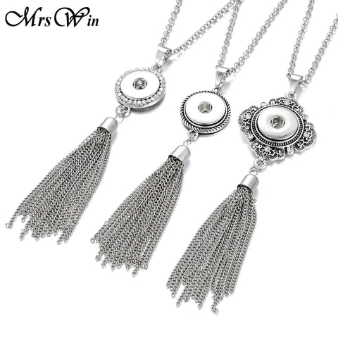 New Bohemia Ethnic Snap Button Necklace Silver Long Tassel Snap Pendant Necklace with 80cm Chains 18mm Snap Buttons Jewelry - UTouchUBuyNow