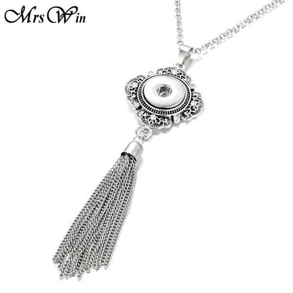 New Bohemia Ethnic Snap Button Necklace Silver Long Tassel Snap Pendant Necklace with 80cm Chains 18mm Snap Buttons Jewelry - UTouchUBuyNow