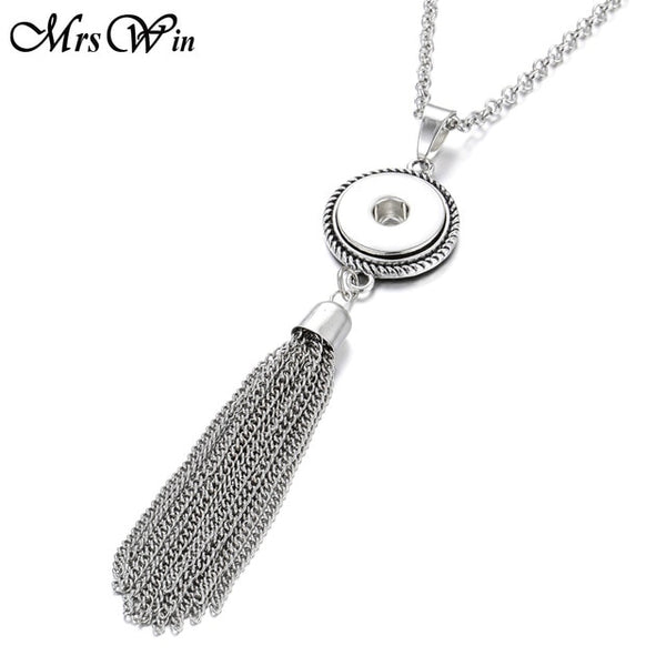 New Bohemia Ethnic Snap Button Necklace Silver Long Tassel Snap Pendant Necklace with 80cm Chains 18mm Snap Buttons Jewelry - UTouchUBuyNow