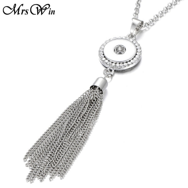 New Bohemia Ethnic Snap Button Necklace Silver Long Tassel Snap Pendant Necklace with 80cm Chains 18mm Snap Buttons Jewelry - UTouchUBuyNow