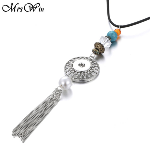 New Bohemia Ethnic Snap Button Necklace Silver Long Tassel Snap Pendant Necklace with 80cm Chains 18mm Snap Buttons Jewelry - UTouchUBuyNow