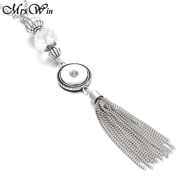 New Bohemia Ethnic Snap Button Necklace Silver Long Tassel Snap Pendant Necklace with 80cm Chains 18mm Snap Buttons Jewelry - UTouchUBuyNow