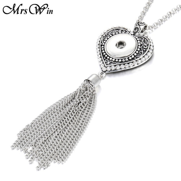 New Bohemia Ethnic Snap Button Necklace Silver Long Tassel Snap Pendant Necklace with 80cm Chains 18mm Snap Buttons Jewelry - UTouchUBuyNow