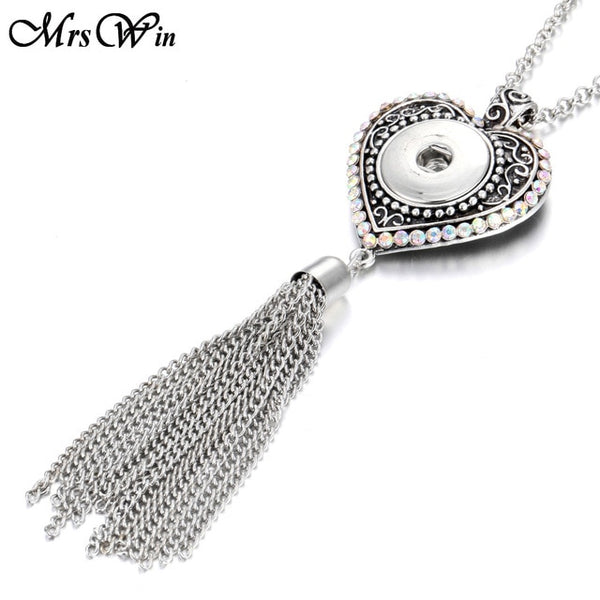 New Bohemia Ethnic Snap Button Necklace Silver Long Tassel Snap Pendant Necklace with 80cm Chains 18mm Snap Buttons Jewelry - UTouchUBuyNow