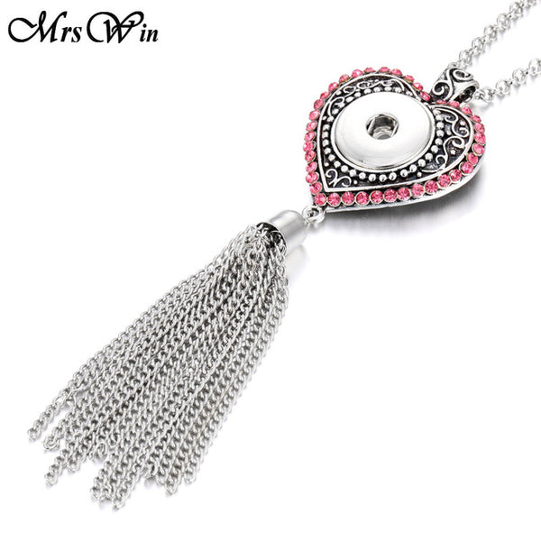 New Bohemia Ethnic Snap Button Necklace Silver Long Tassel Snap Pendant Necklace with 80cm Chains 18mm Snap Buttons Jewelry - UTouchUBuyNow