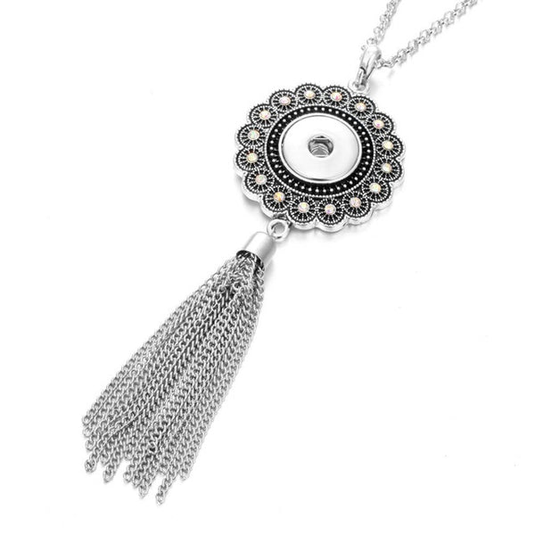 New Bohemia Ethnic Snap Button Necklace Silver Long Tassel Snap Pendant Necklace with 80cm Chains 18mm Snap Buttons Jewelry - UTouchUBuyNow