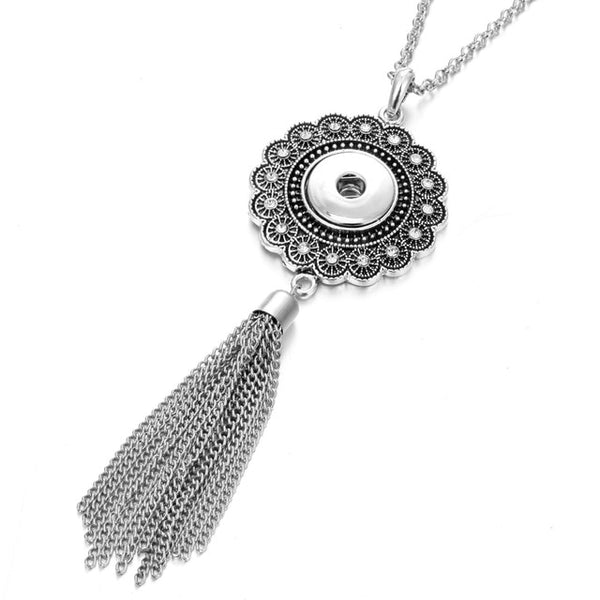 New Bohemia Ethnic Snap Button Necklace Silver Long Tassel Snap Pendant Necklace with 80cm Chains 18mm Snap Buttons Jewelry - UTouchUBuyNow