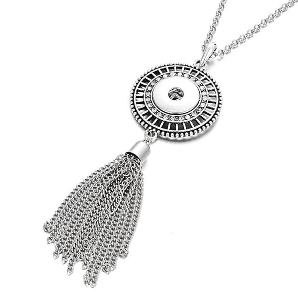 New Bohemia Ethnic Snap Button Necklace Silver Long Tassel Snap Pendant Necklace with 80cm Chains 18mm Snap Buttons Jewelry - UTouchUBuyNow