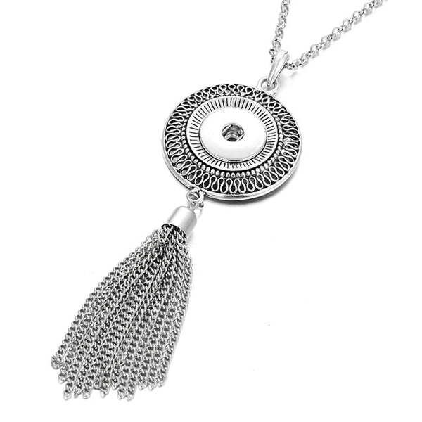 New Bohemia Ethnic Snap Button Necklace Silver Long Tassel Snap Pendant Necklace with 80cm Chains 18mm Snap Buttons Jewelry - UTouchUBuyNow