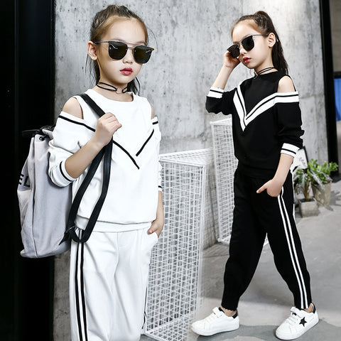 Fashion Big Girls Sports Suits Off Shoulder Set for Tracksuit Kids Sportswear - UTouchUBuyNow