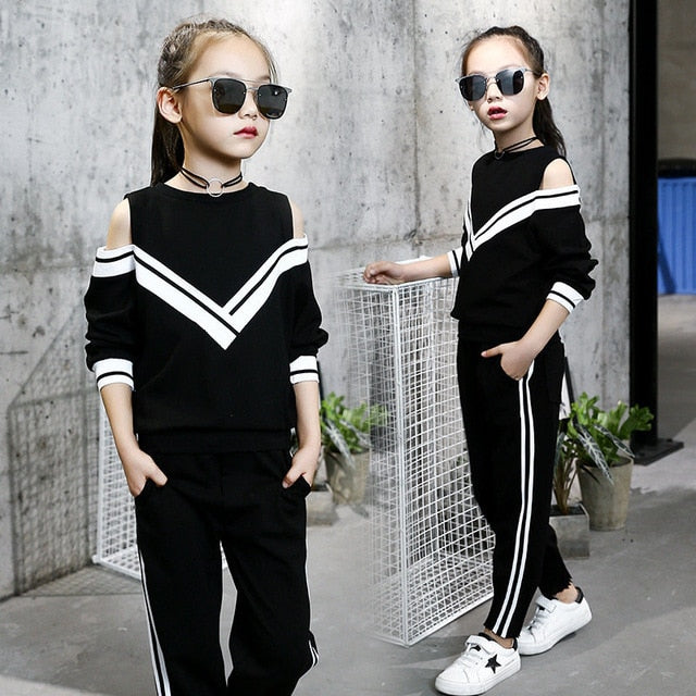 Fashion Big Girls Sports Suits Off Shoulder Set for Tracksuit Kids Sportswear - UTouchUBuyNow