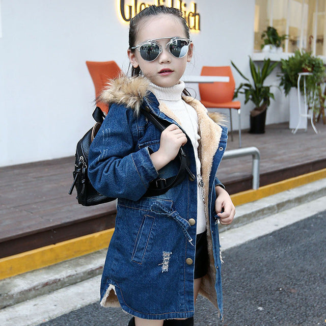 Children kids girls denim jacket large fur collar cotton denim outerwear Autumn Winter plus thick velvet jacket for girls - UTouchUBuyNow