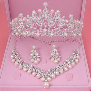 Bride Crystal Pearl Costume jewelry sets New Design Rhinestone Choker Necklace Earrings Tiara Bridal Women Wedding Jewelry Set - UTouchUBuyNow