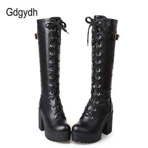 Lacing Knee High Boots Women Fashion White Square Heel Woman Leather Shoes Winter Large Size - UTouchUBuyNow