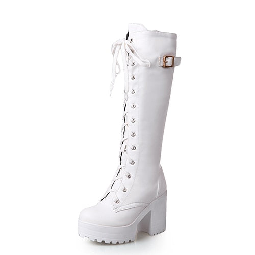 Lacing Knee High Boots Women Fashion White Square Heel Woman Leather Shoes Winter Large Size - UTouchUBuyNow