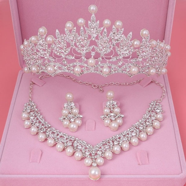 Bride Crystal Pearl Costume jewelry sets New Design Rhinestone Choker Necklace Earrings Tiara Bridal Women Wedding Jewelry Set - UTouchUBuyNow