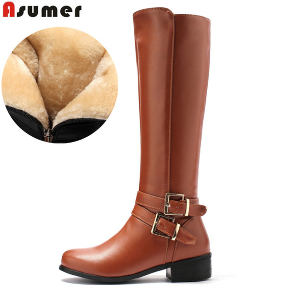 Women knee high boots buckle with zip Retro women's motorcycle boots thick fur warm winter snow boots - UTouchUBuyNow