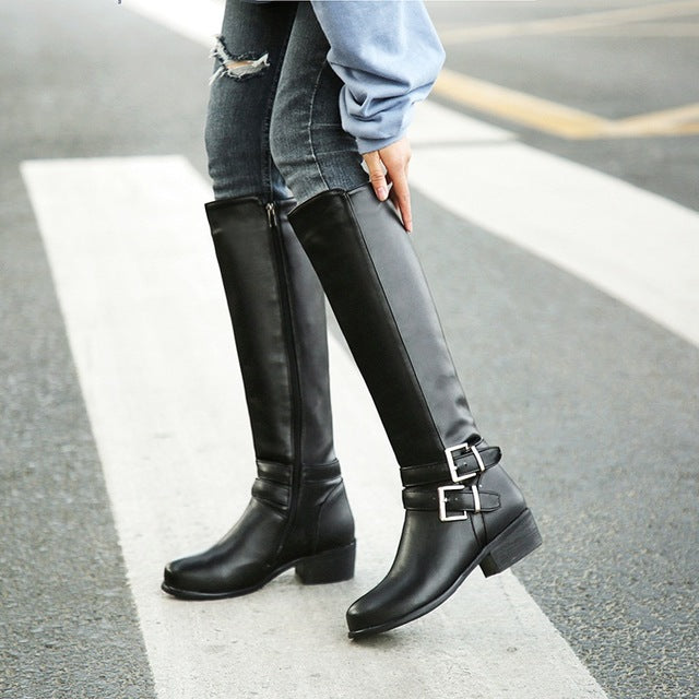 Women knee high boots buckle with zip Retro women's motorcycle boots thick fur warm winter snow boots - UTouchUBuyNow