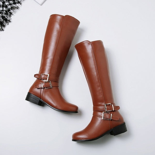 Women knee high boots buckle with zip Retro women's motorcycle boots thick fur warm winter snow boots - UTouchUBuyNow