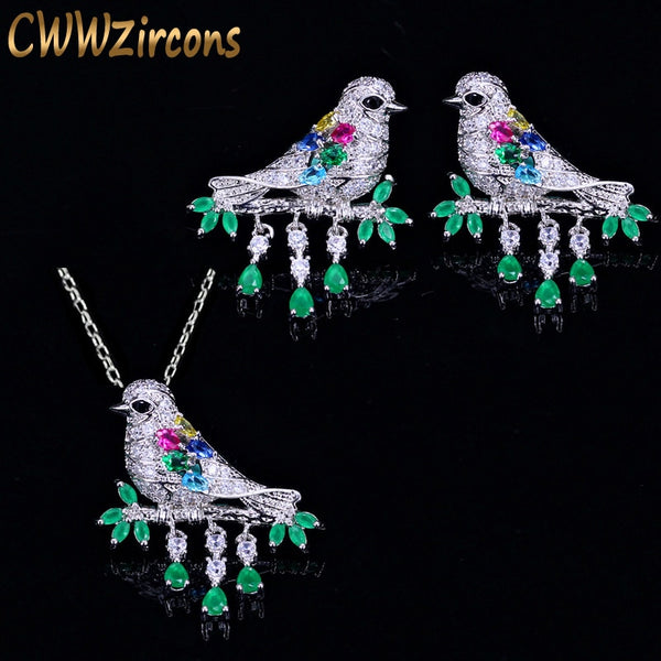 CWWZircons High Quality Water Drop Green CZ Crystal Necklace And Earrings Fashion Animal Bird Jewelry Set for Women Gift - UTouchUBuyNow