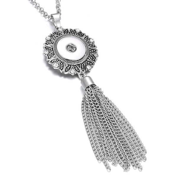 New Bohemia Ethnic Snap Button Necklace Silver Long Tassel Snap Pendant Necklace with 80cm Chains 18mm Snap Buttons Jewelry - UTouchUBuyNow