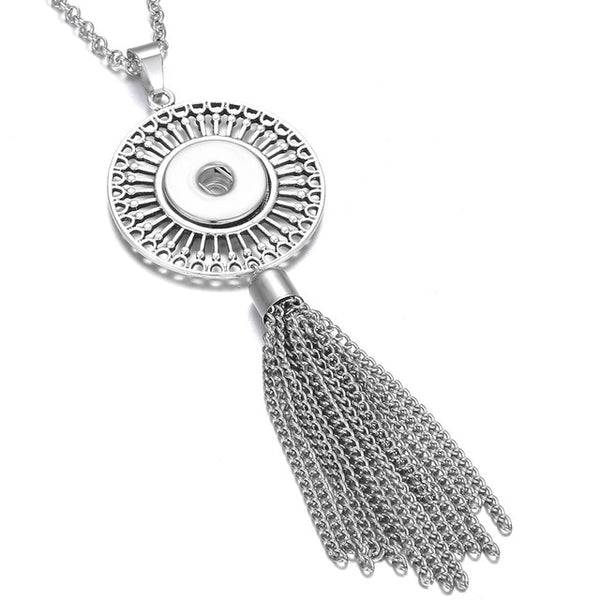 New Bohemia Ethnic Snap Button Necklace Silver Long Tassel Snap Pendant Necklace with 80cm Chains 18mm Snap Buttons Jewelry - UTouchUBuyNow