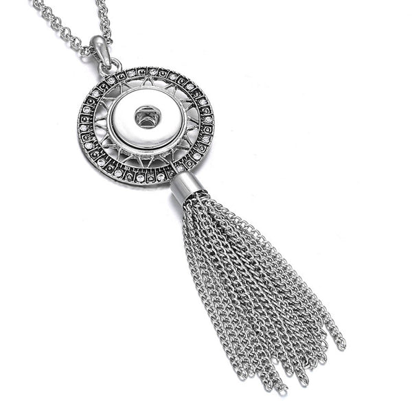 New Bohemia Ethnic Snap Button Necklace Silver Long Tassel Snap Pendant Necklace with 80cm Chains 18mm Snap Buttons Jewelry - UTouchUBuyNow