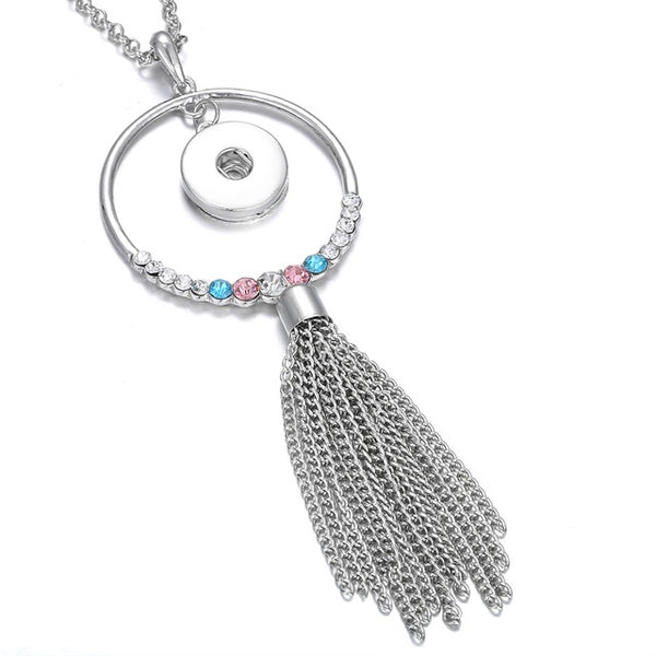 New Bohemia Ethnic Snap Button Necklace Silver Long Tassel Snap Pendant Necklace with 80cm Chains 18mm Snap Buttons Jewelry - UTouchUBuyNow