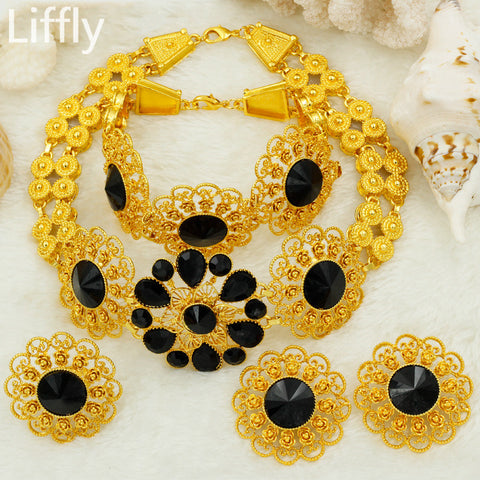 Liffly Bridal Jewelry Set Nigerian Wedding Dubai Gold Jewelry Sets for Women African Big Flowers Necklace Earrings Jewelry - UTouchUBuyNow