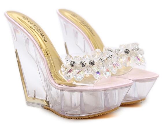 Women Shoes Slippers Summer Transparent Crystal  Model Catwalk Wedding Shoes High-heeled 14cm Wedges shoes