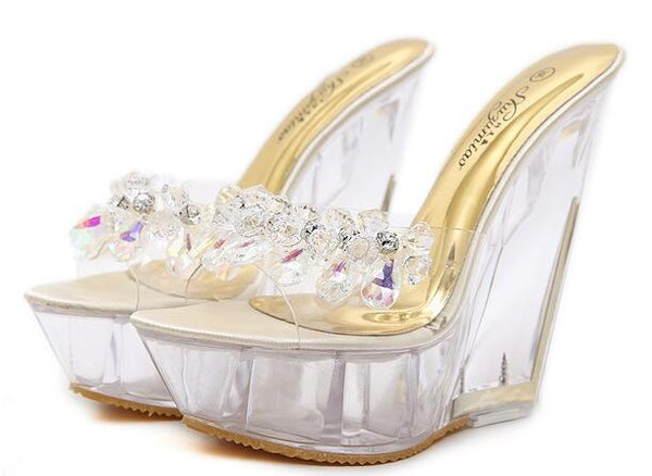 Women Shoes Slippers Summer Transparent Crystal  Model Catwalk Wedding Shoes High-heeled 14cm Wedges shoes