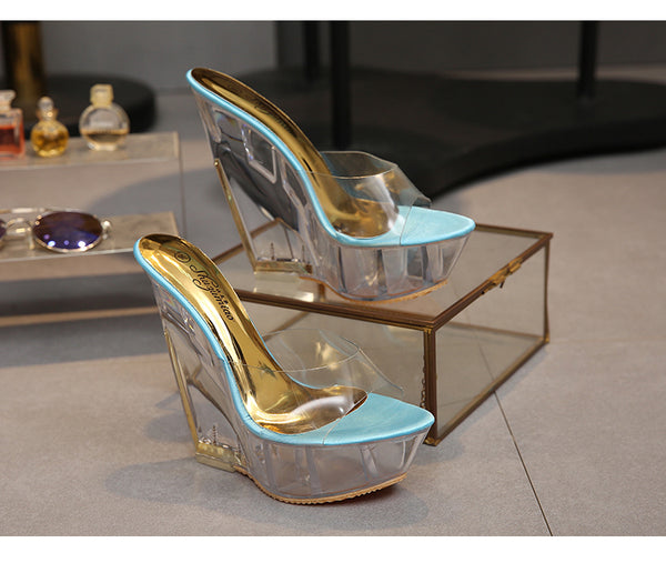 Women Shoes Slippers Summer Transparent Crystal  Model Catwalk Wedding Shoes High-heeled 14cm Wedges shoes