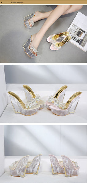 Women Shoes Slippers Summer Transparent Crystal  Model Catwalk Wedding Shoes High-heeled 14cm Wedges shoes