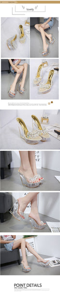 Women Shoes Slippers Summer Transparent Crystal  Model Catwalk Wedding Shoes High-heeled 14cm Wedges shoes