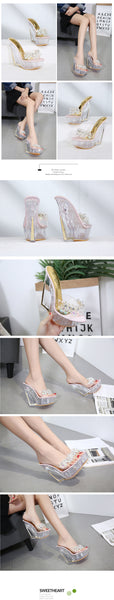 Women Shoes Slippers Summer Transparent Crystal  Model Catwalk Wedding Shoes High-heeled 14cm Wedges shoes